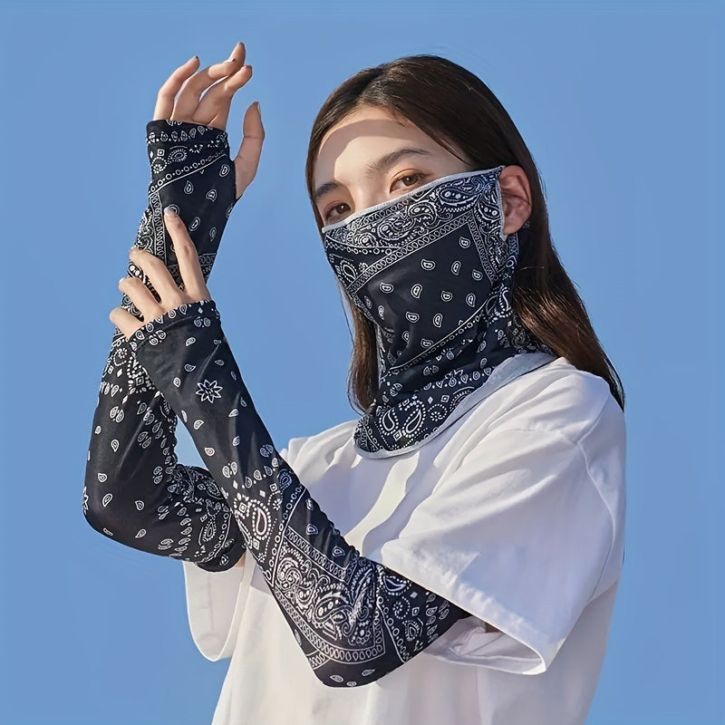 Sun Screen Cooling Arm Sleeves & Mask Bandana With Ear Loops; Touch Screen UV Protection Cooling Gloves