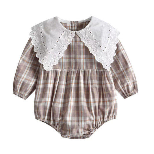 Baby Girl Plaid Pattern Lapel Design Long Sleeved Onesies