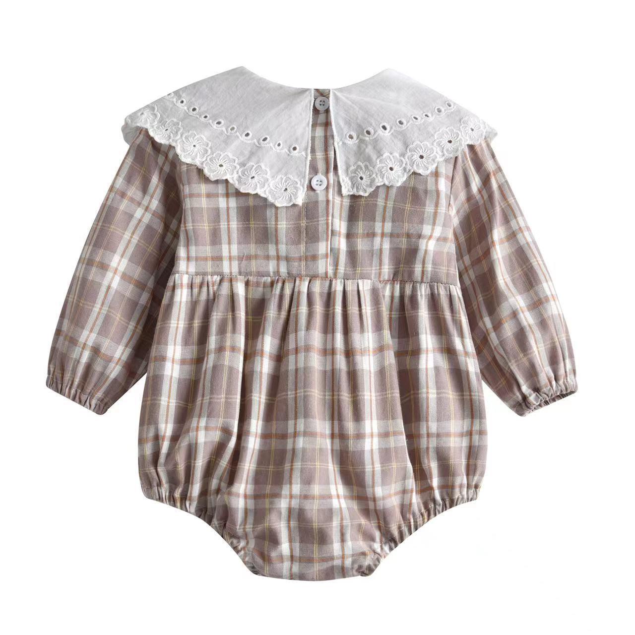 Baby Girl Plaid Pattern Lapel Design Long Sleeved Onesies