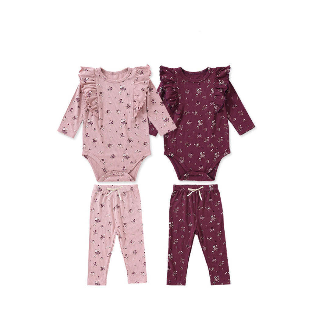 Baby Girl Ditsy Flower Pattern Ruffle Design Onesies With Pants Sets