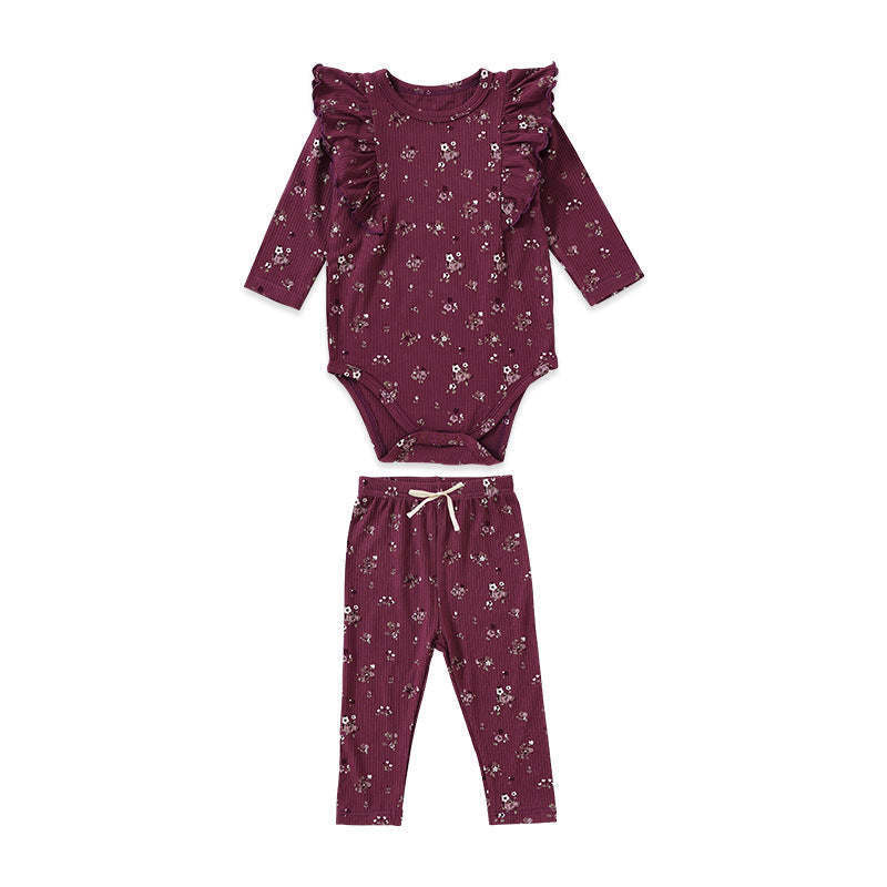 Baby Girl Ditsy Flower Pattern Ruffle Design Onesies With Pants Sets