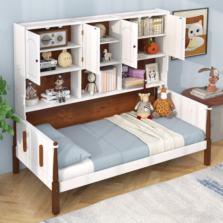 Twin Bed with Bookcase with Shelves and  Wooden Slat Support No Box Spring Needed for Living Room Bedroom