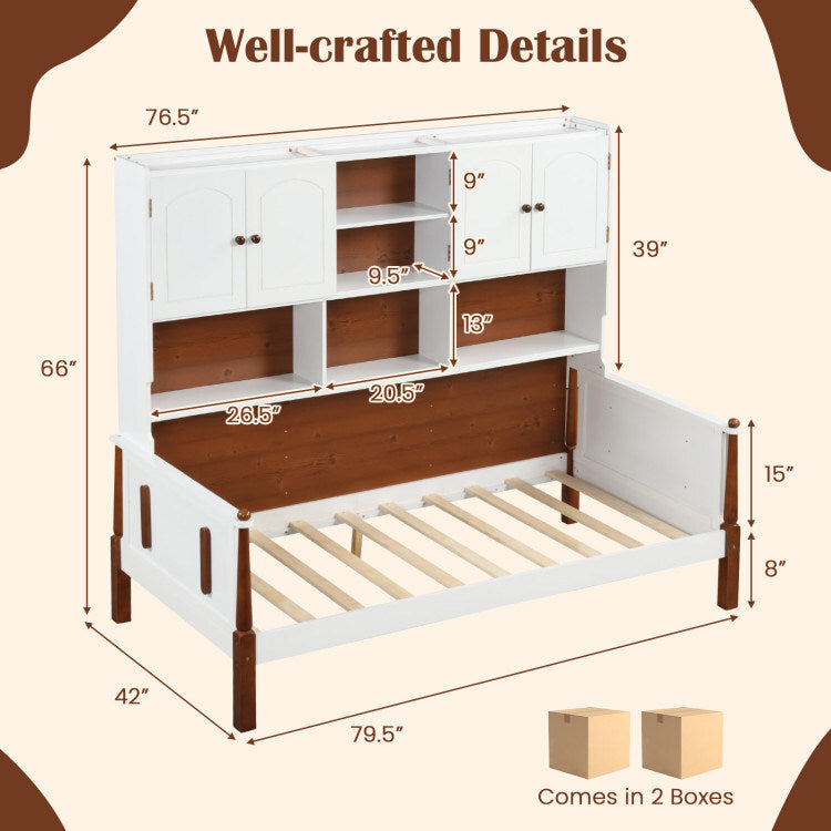 Twin Bed with Bookcase with Shelves and  Wooden Slat Support No Box Spring Needed for Living Room Bedroom