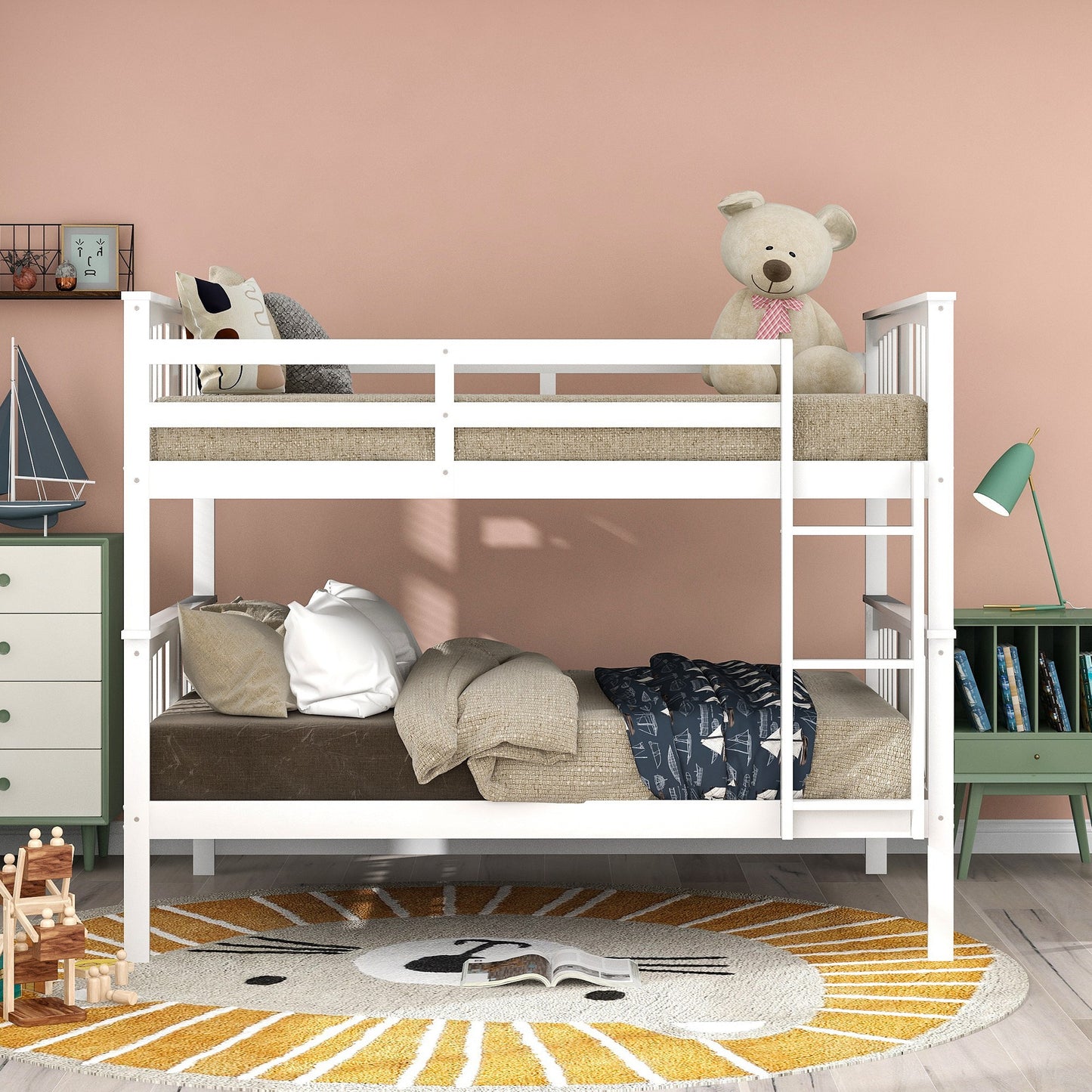 Full over Full Bunk Bed with Ladder for Bedroom;  Guest Room Furniture