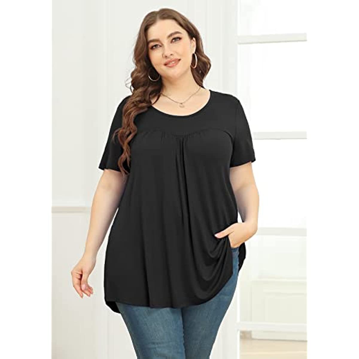 Women's Plus Size Short & Long Sleeve Tunic Tops Scoop Neck Loose T Shirt Blouse for Leggings