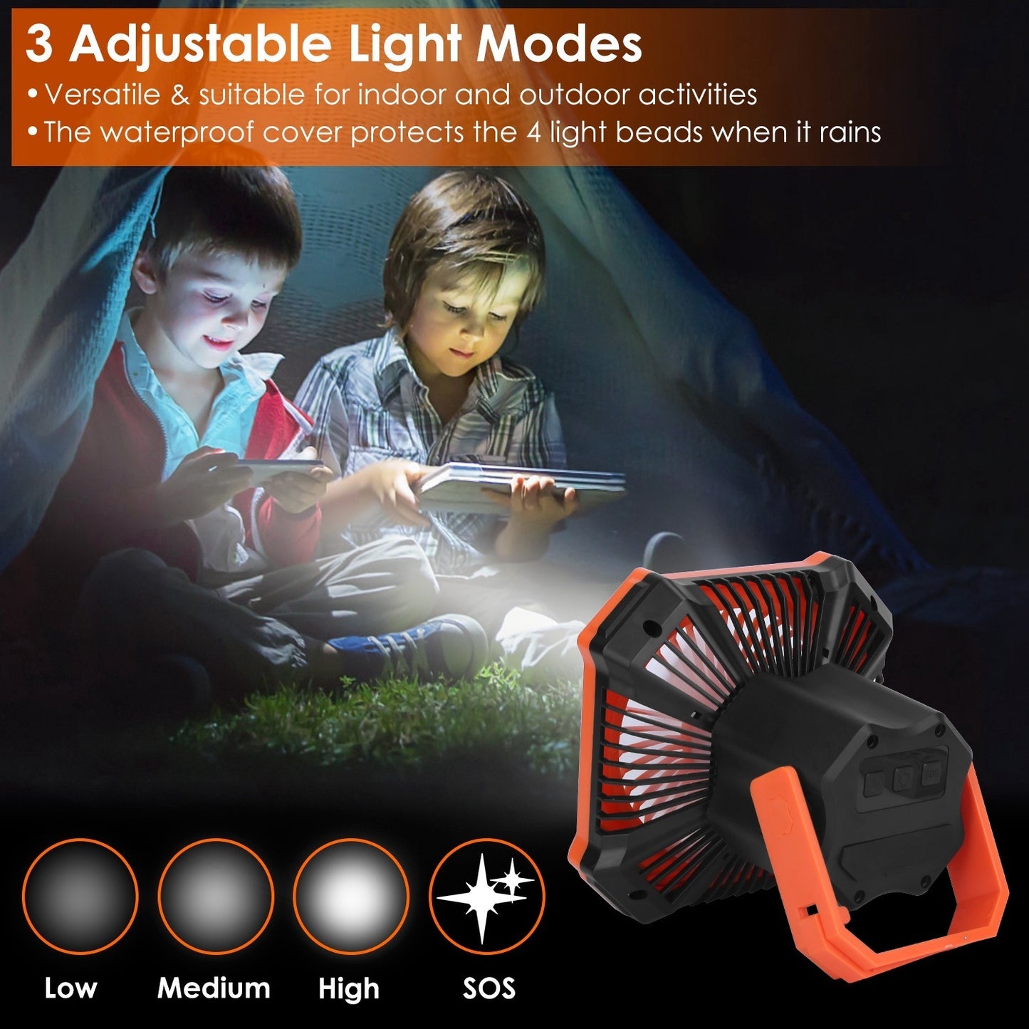 Portable Camping Lantern Fan 10000mAh Battery Powered Hanging Fan USB Rechargeable Tent Fan with 4 Light Modes 3 Wind Modes Emergency Power Bank Remote Control Hanging Hook