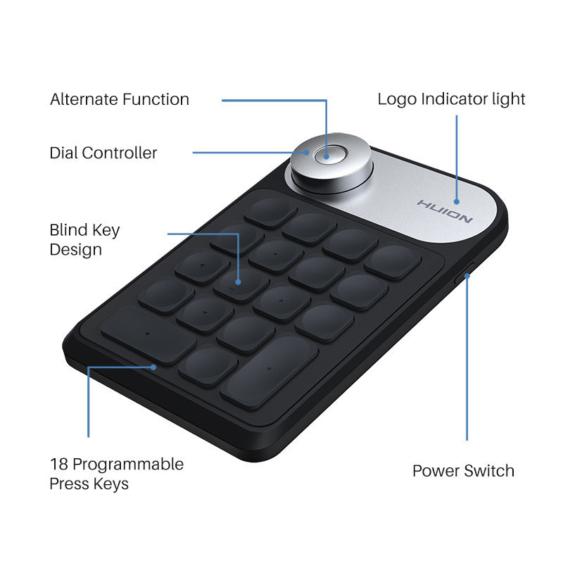 KD100 Mini Keydial USB 2.4G Wireless Keyboard 18 Press Keys Dial for Drawing Graphic Tablets MacBook Windows PC Game Lapto