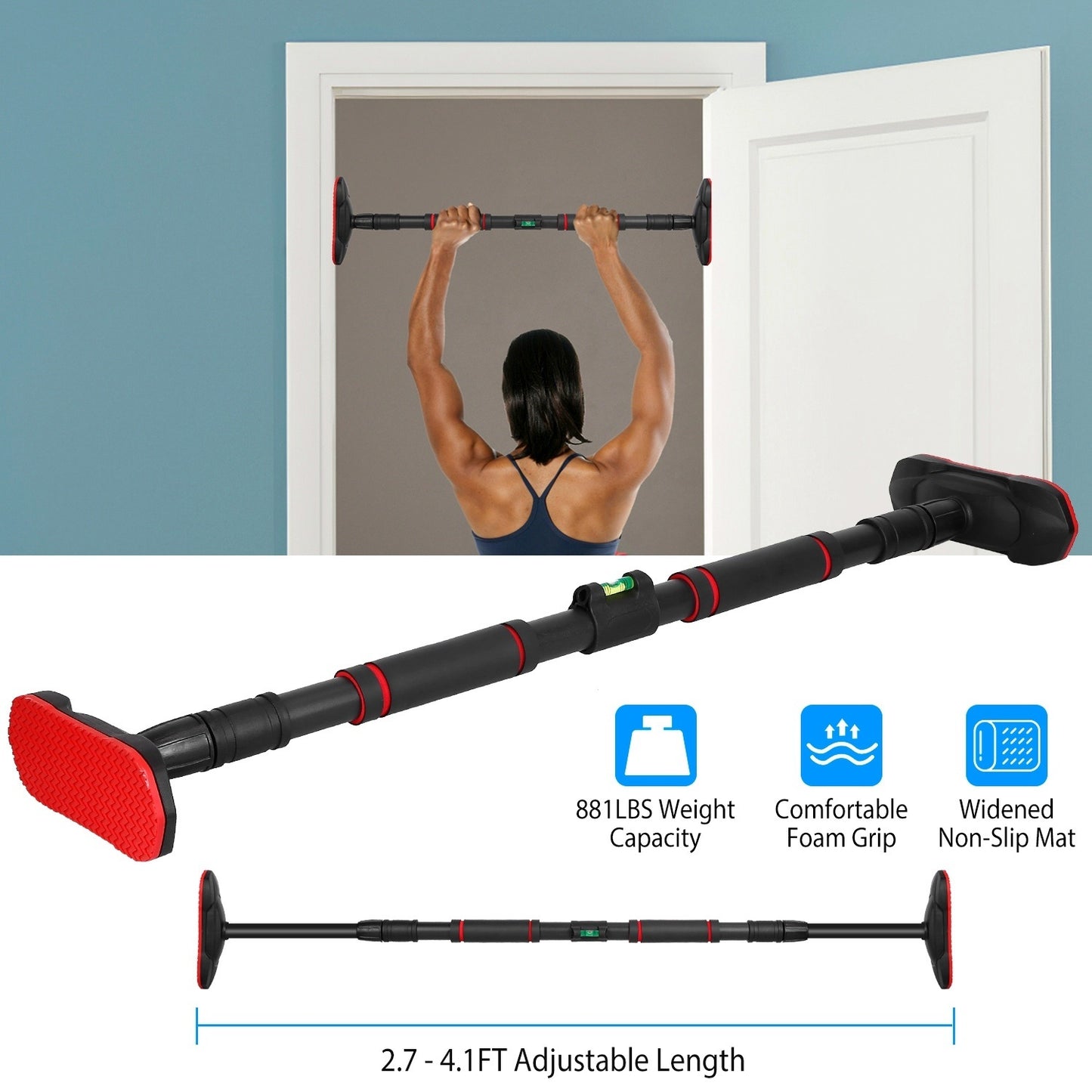 Doorway Pull Up Bar Heavy Duty Body Workout Strength Training Chin Up Bar with Foam Grips Level Meter 881LBS Weight Capacity 2.7FT-4.1FT Adjustable Home Office Exercise