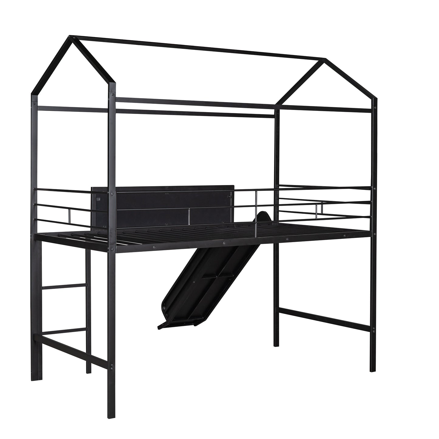 Metal House Bed With Slide, Twin Size Metal Loft Bed with Two-sided writable Wooden Board (Black )