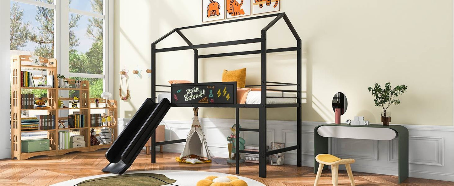 Metal House Bed With Slide, Twin Size Metal Loft Bed with Two-sided writable Wooden Board (Black )