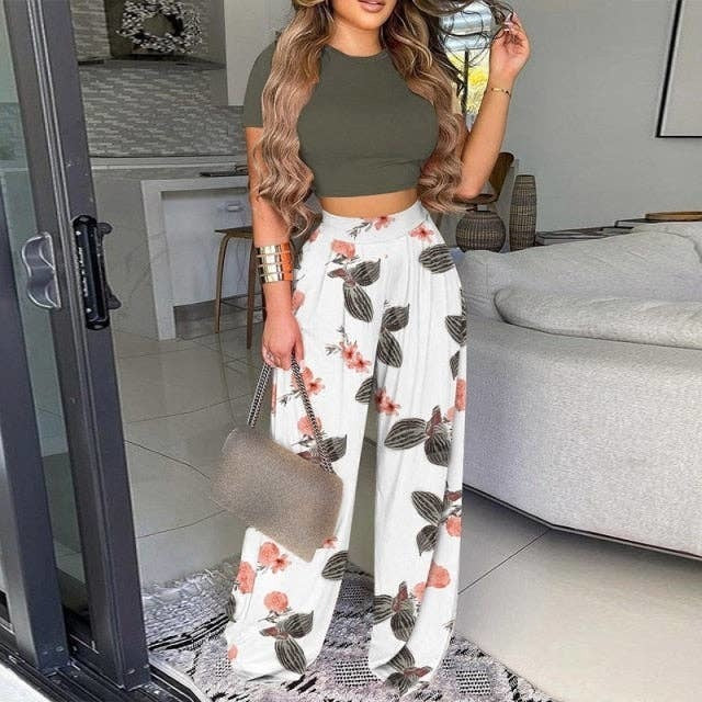 Two Piece Sets Elegant Print Short Sleeve Shirt Pullover Wide Leg Pants Suits