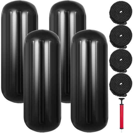 VEVOR Boat Fenders 10 x 28 inches, Vinyl Boat Fender Pack of 4, Ribbed Twin Eyes Boat Bumpers Black and Pump to Inflate