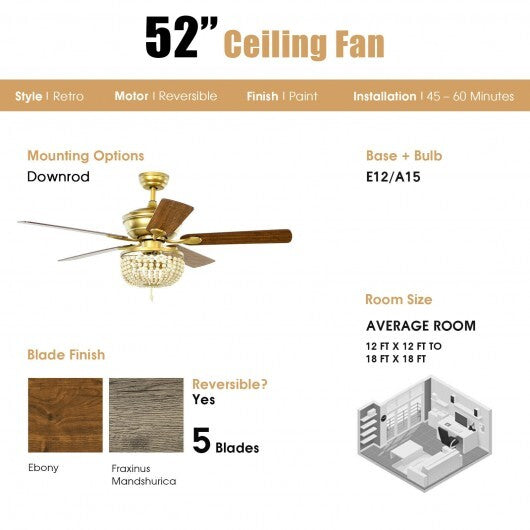 52 Inch Retro Ceiling Fan Light with Reversible Blades Remote Control-Golden - Color: Golden