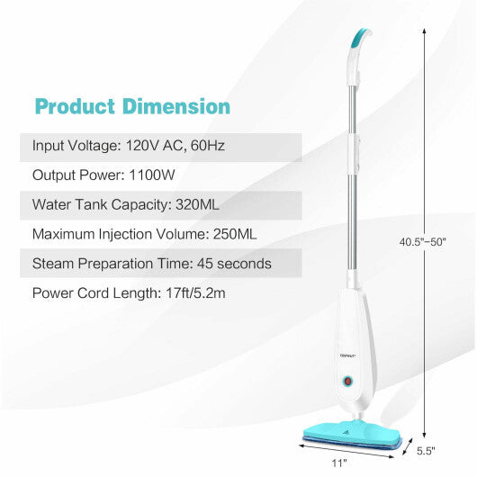 1100 W Electric Steam Mop with Water Tank for Carpet-Turquoise - Color: Turquoise