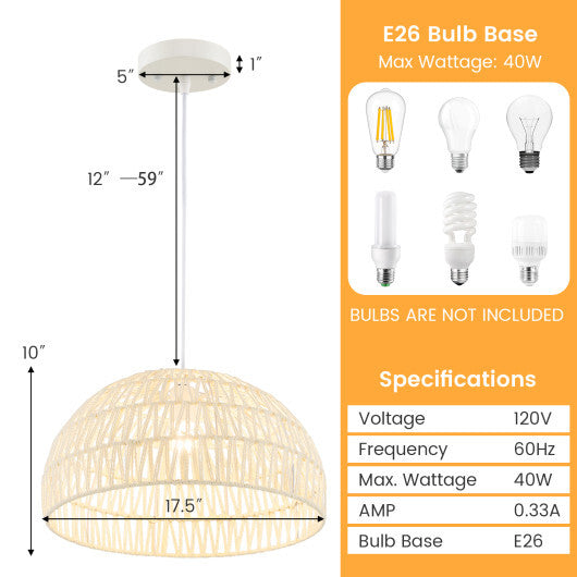 Farmhouse Rattan Pendant Lights with Adjustable Hanging Rope-Beige - Color: Beige