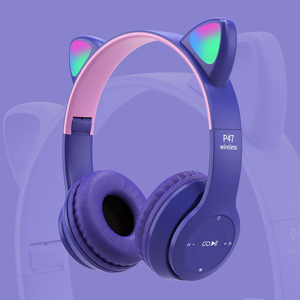 P47m Cute Cat Ears Luminous Head-mounted Headphones Wireless Bluetooth Game Headset dark blue