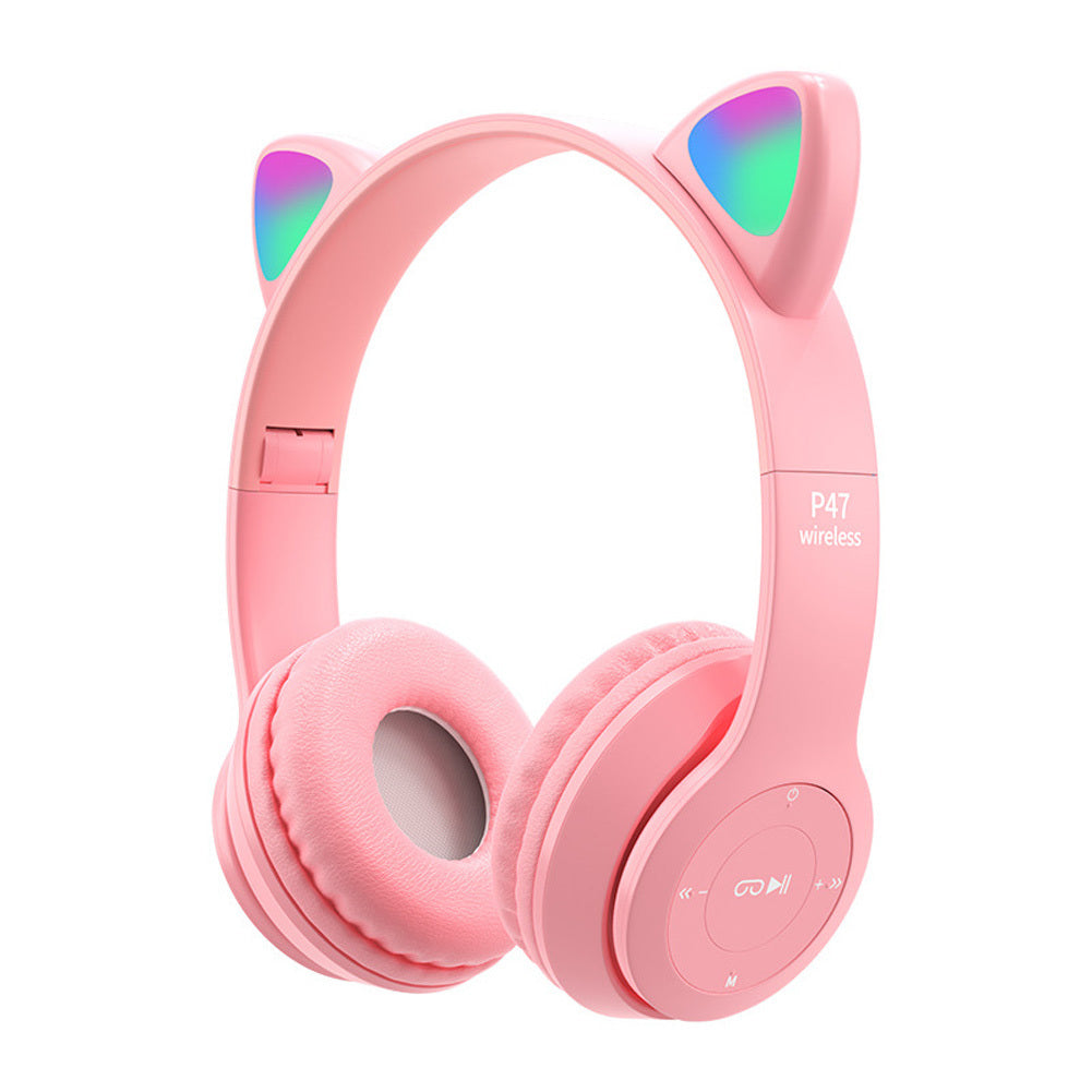 P47m Cute Cat Ears Luminous Head-mounted Headphones Wireless Bluetooth Game Headset dark blue