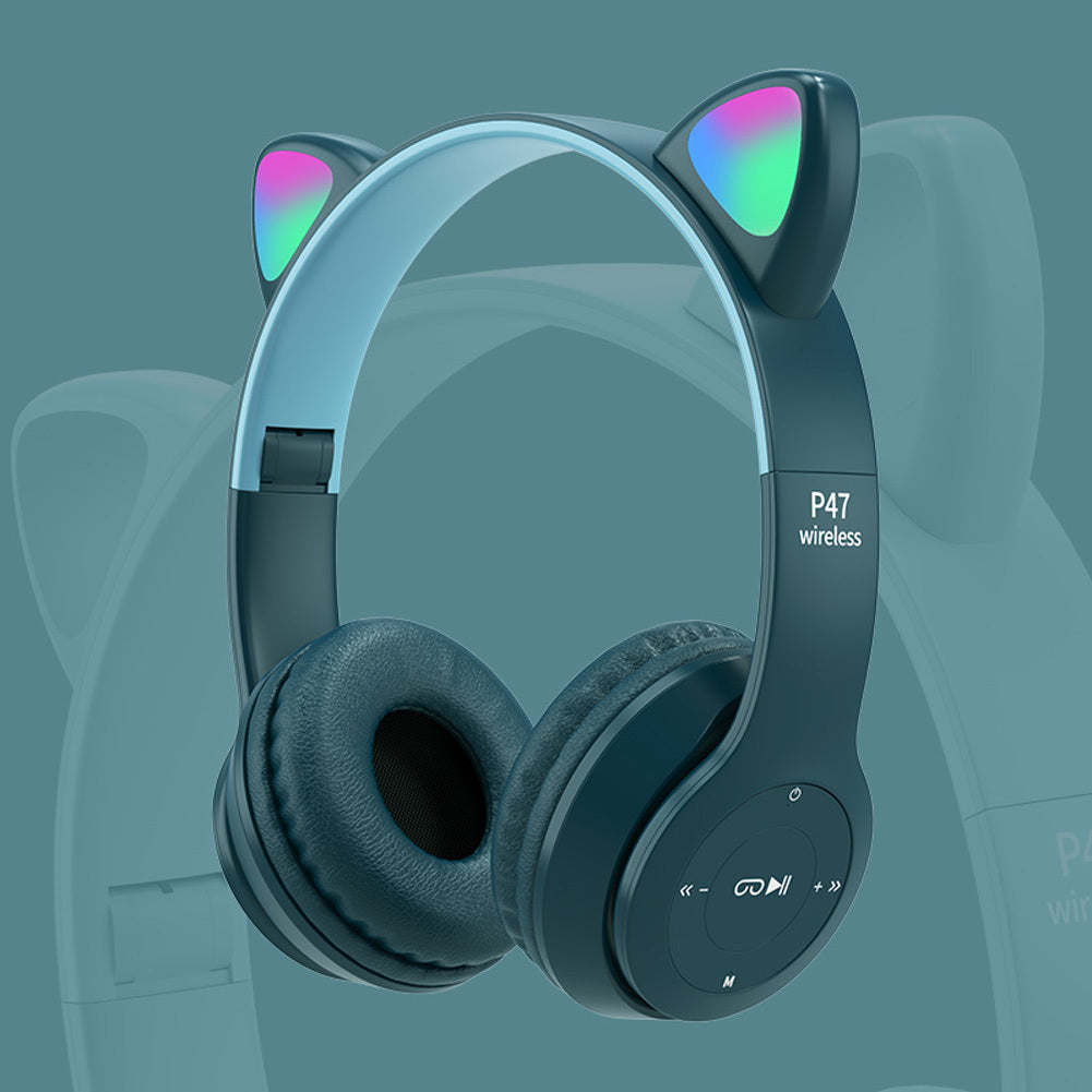 P47m Cute Cat Ears Luminous Head-mounted Headphones Wireless Bluetooth Game Headset dark blue