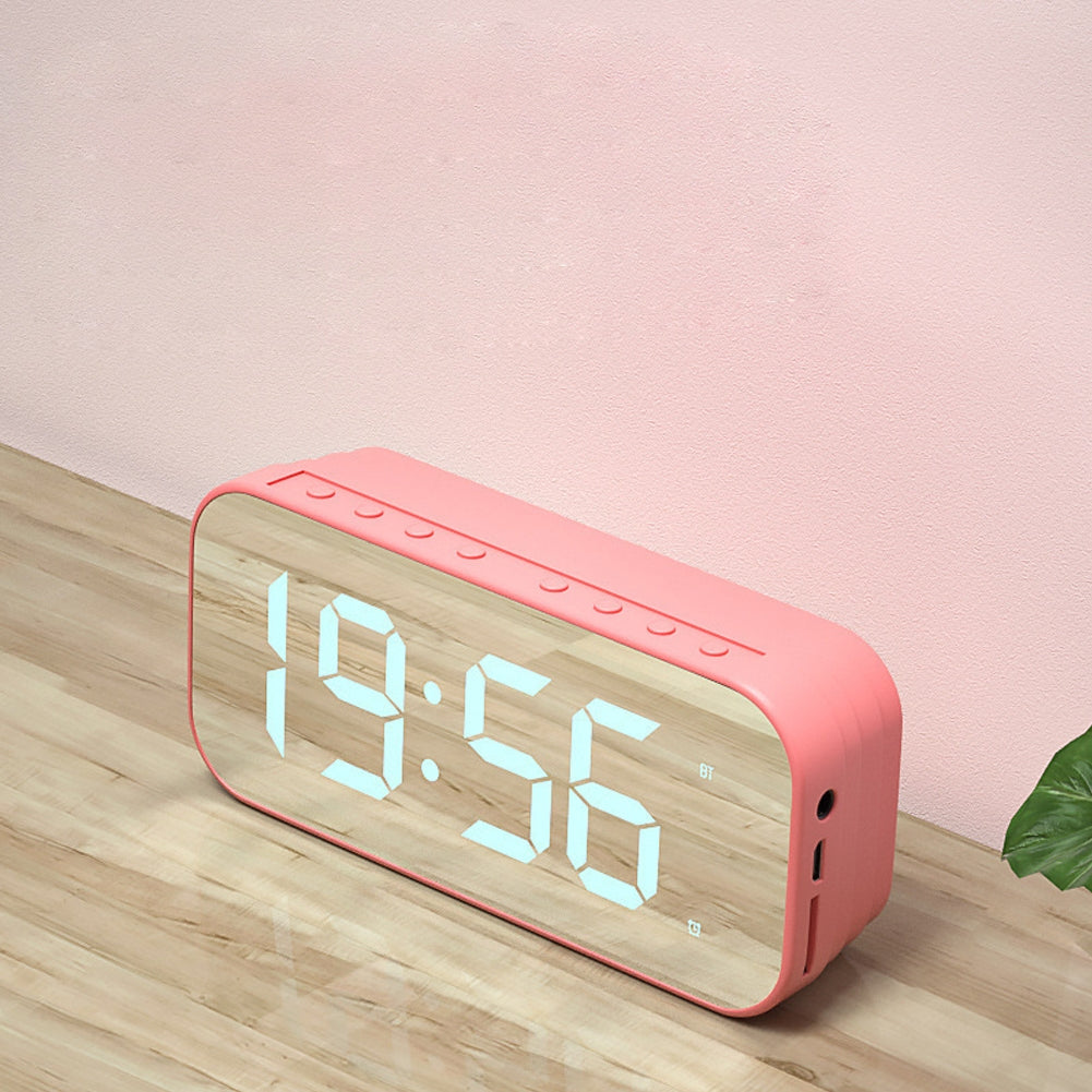 Portable Speaker, Stereo Sound Speaker Clock, TF Card 3.5mm AUX Cable Player Digital Alarm Clock Mirror Display Black