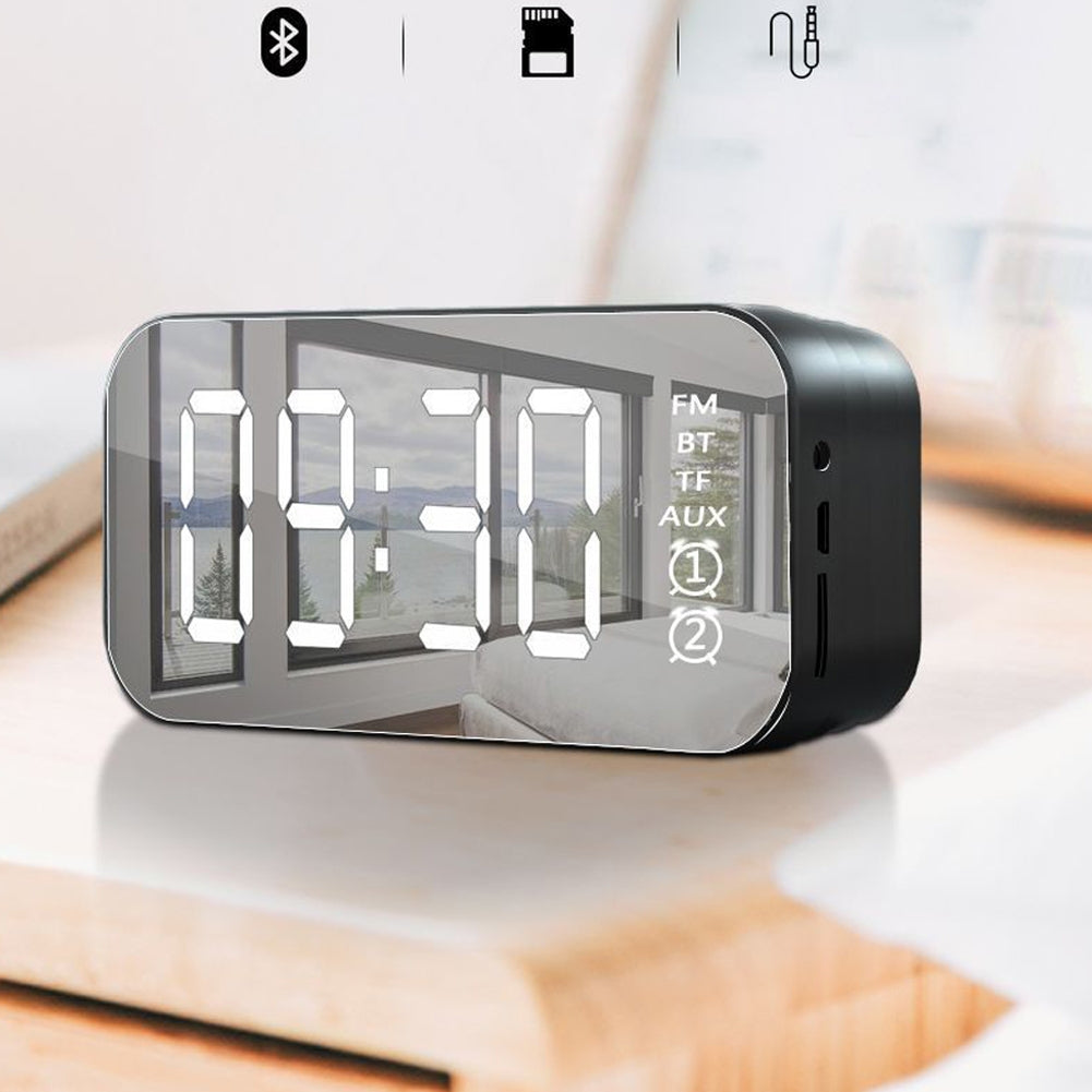 Portable Speaker, Stereo Sound Speaker Clock, TF Card 3.5mm AUX Cable Player Digital Alarm Clock Mirror Display Black