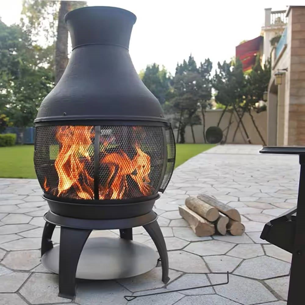 45-inch Black Cast Iron and Steel Outdoor Fire Pit Chimenea