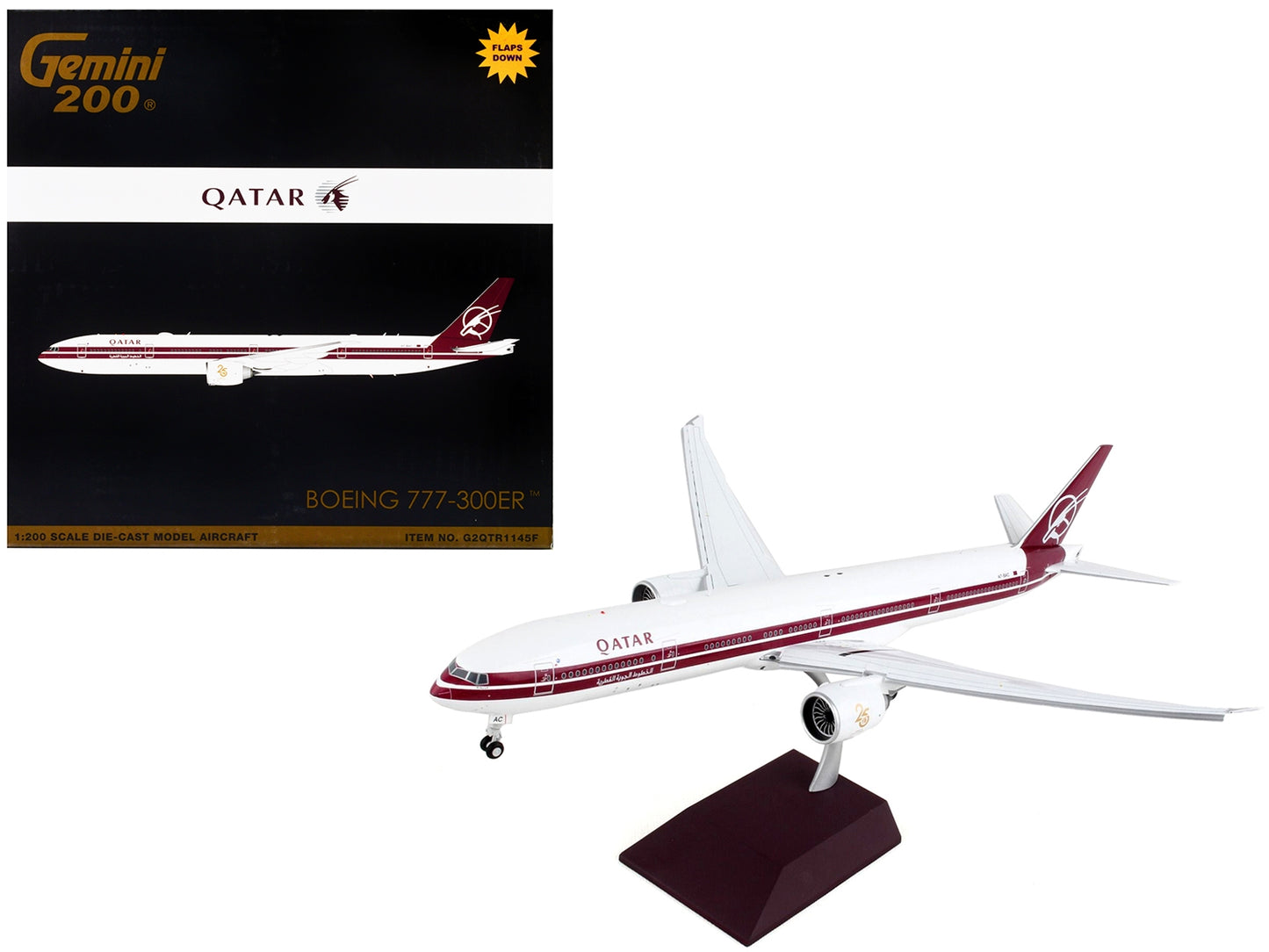 Boeing 777-300ER Commercial Aircraft with Flaps Down "Qatar Airways" White with Dark Red Stripes "Gemini 200" Series 1/200 Diecast Model Airplane by GeminiJets