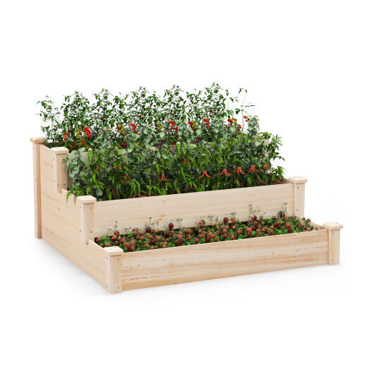 3-Tier Wooden Raised Garden Bed for Backyard Patio Gardening - Color: Natural