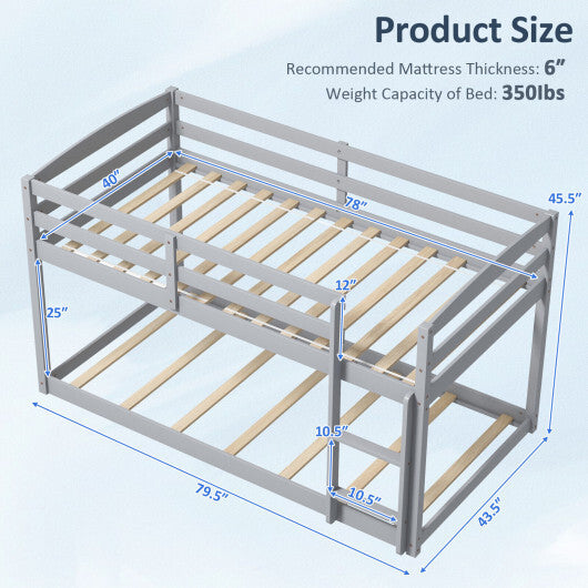 Twin Size Bunk Bed with High Guardrails and Integrated Ladder-Gray - Color: Gray - Size: Twin Size