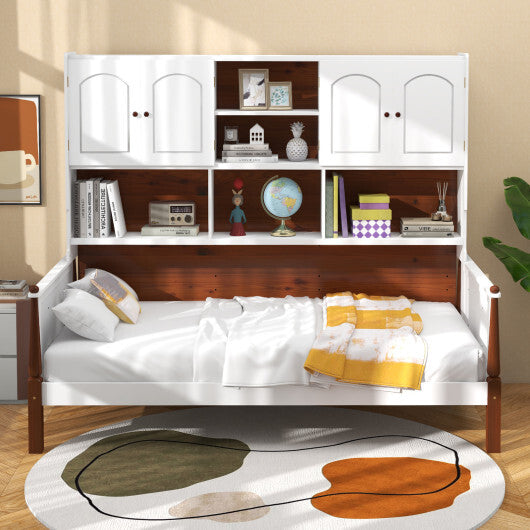 Twin Bed with Bookcase with Shelves and  Wooden Slat Support No Box Spring Needed for Living Room Bedroom-White