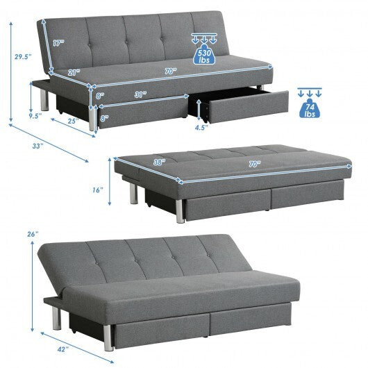 3-Seat Convertible Sofa Bed with 2 Large Drawers and 3 Adjustable Angles - Color: Gray