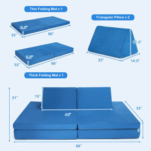 4-Piece Convertible Kids Couch Set with 2 Folding Mats-Blue - Color: Blue