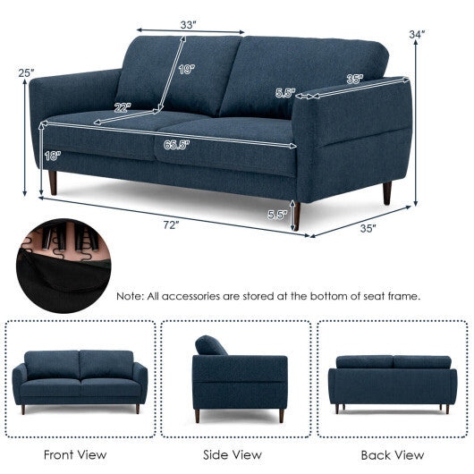 72 Inch Small Fabric Loveseat Sofa Couch with Wood Legs - Color: Navy