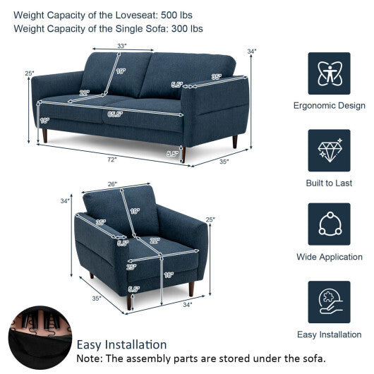 2 Pieces Upholstered Sofa Set with Removable Cushion Covers-Navy - Color: Navy