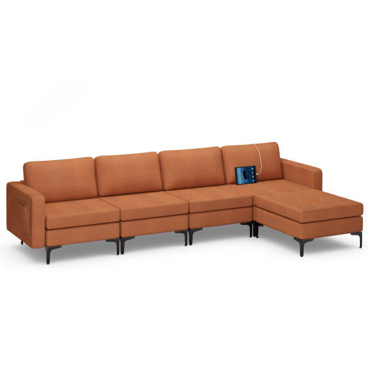 Modular L-shaped Sectional Sofa with Reversible Ottoman and 2 USB Ports-Orange - Color: Orange