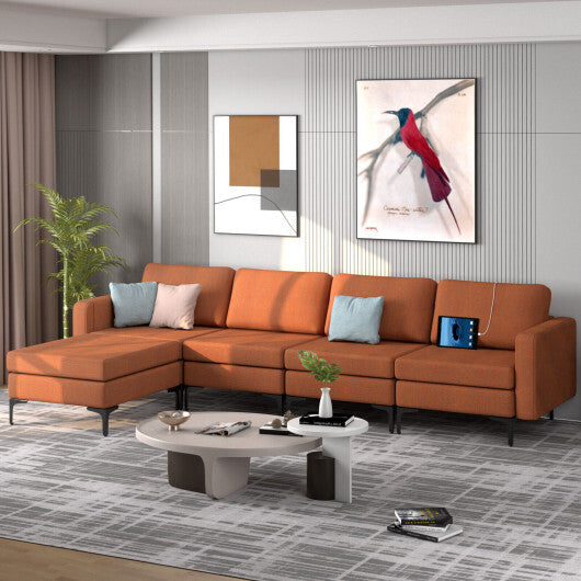 Modular L-shaped Sectional Sofa with Reversible Ottoman and 2 USB Ports-Orange - Color: Orange