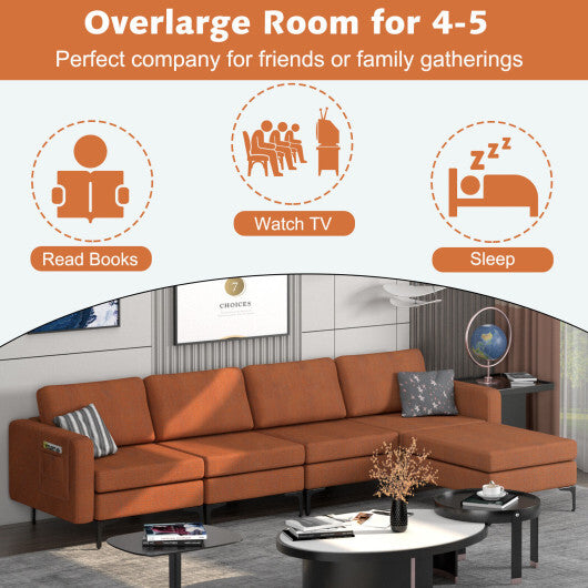 Modular L-shaped Sectional Sofa with Reversible Ottoman and 2 USB Ports-Orange - Color: Orange