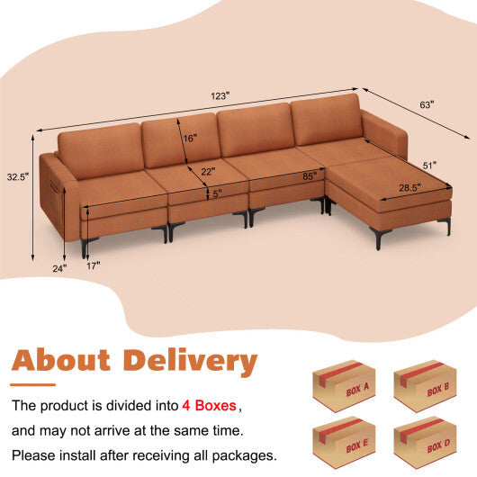 Modular L-shaped Sectional Sofa with Reversible Ottoman and 2 USB Ports-Orange - Color: Orange