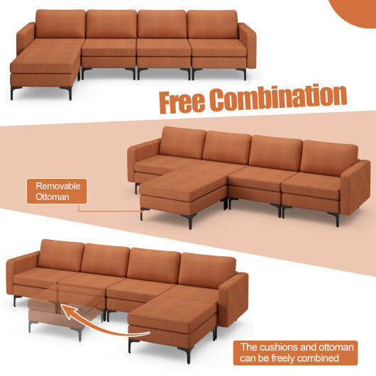 Modular L-shaped Sectional Sofa with Reversible Ottoman and 2 USB Ports-Orange - Color: Orange