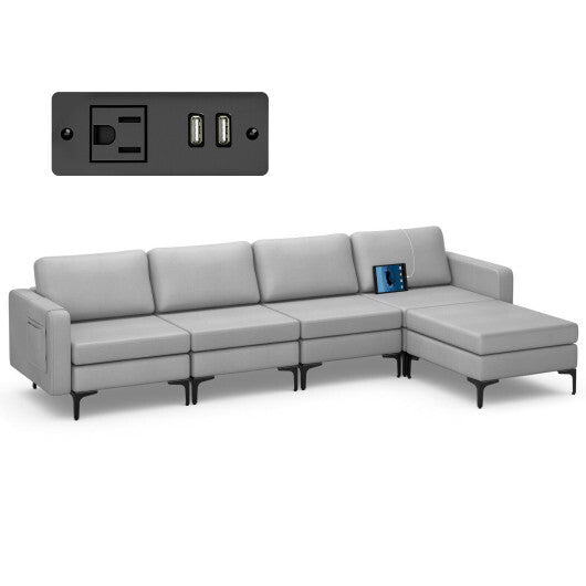 Modular L-shaped Sectional Sofa with Reversible Ottoman and 2 USB Ports-Light Gray - Color: Light Gray