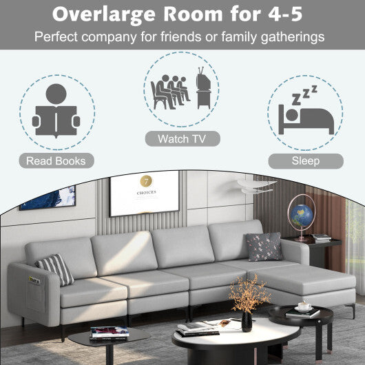 Modular L-shaped Sectional Sofa with Reversible Ottoman and 2 USB Ports-Light Gray - Color: Light Gray