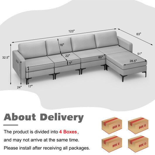 Modular L-shaped Sectional Sofa with Reversible Ottoman and 2 USB Ports-Light Gray - Color: Light Gray