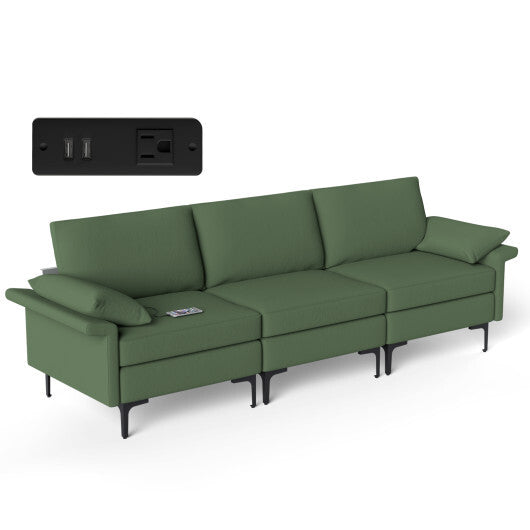 Large 3-Seat Sofa Sectional with Metal Legs and 2 USB Ports for 3-4 people-Green - Color: Army Green