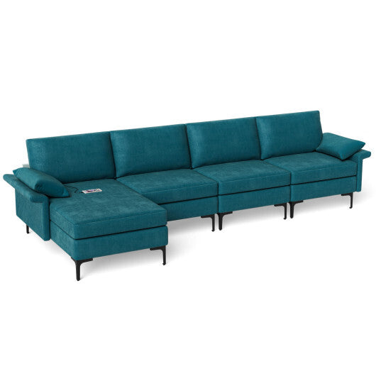 Extra Large L-shaped Sectional Sofa with Reversible Chaise and 2 USB Ports for 4-5 People-Peacock Blue - Color: Peacock Blue