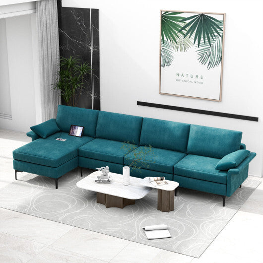 Extra Large L-shaped Sectional Sofa with Reversible Chaise and 2 USB Ports for 4-5 People-Peacock Blue - Color: Peacock Blue