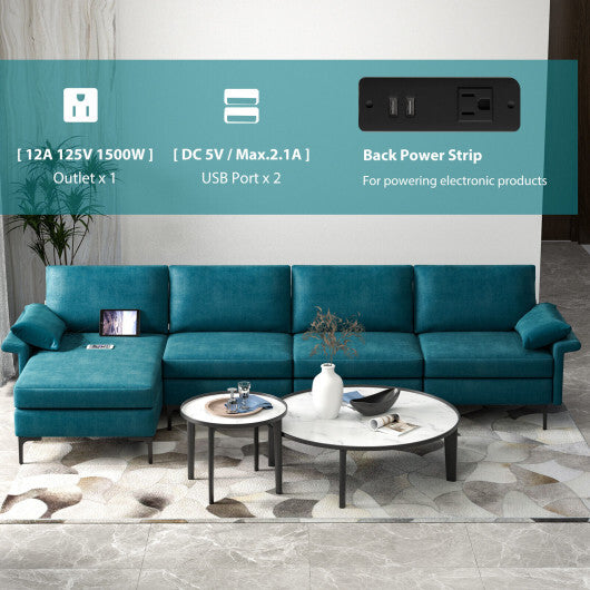 Extra Large L-shaped Sectional Sofa with Reversible Chaise and 2 USB Ports for 4-5 People-Peacock Blue - Color: Peacock Blue