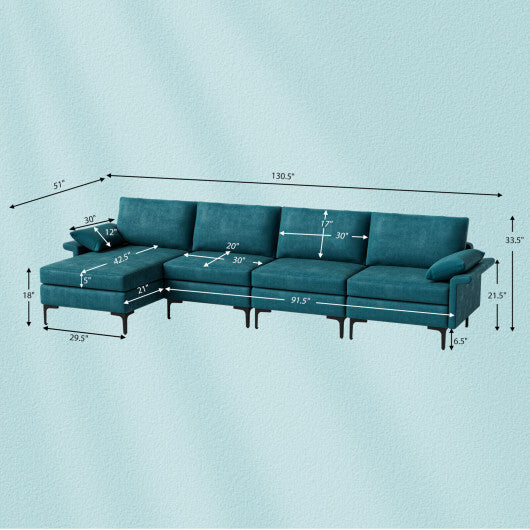 Extra Large L-shaped Sectional Sofa with Reversible Chaise and 2 USB Ports for 4-5 People-Peacock Blue - Color: Peacock Blue