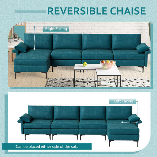 Extra Large L-shaped Sectional Sofa with Reversible Chaise and 2 USB Ports for 4-5 People-Peacock Blue - Color: Peacock Blue