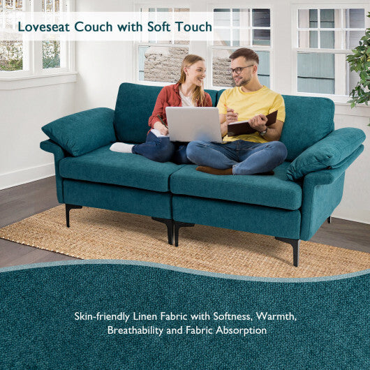 Modern Fabric Loveseat Sofa for with Metal Legs and Armrest Pillows-Peacock Blue - Color: Peacock Blue