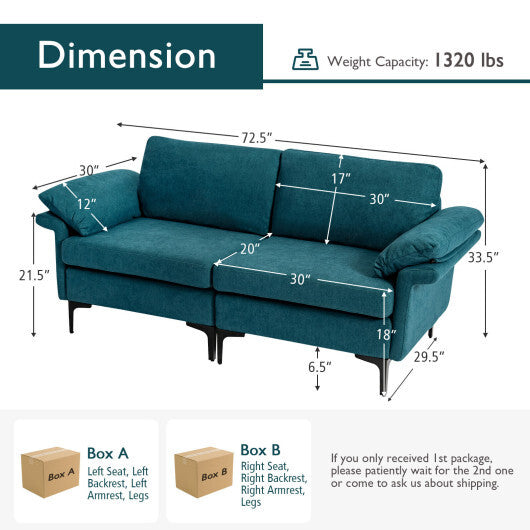 Modern Fabric Loveseat Sofa for with Metal Legs and Armrest Pillows-Peacock Blue - Color: Peacock Blue