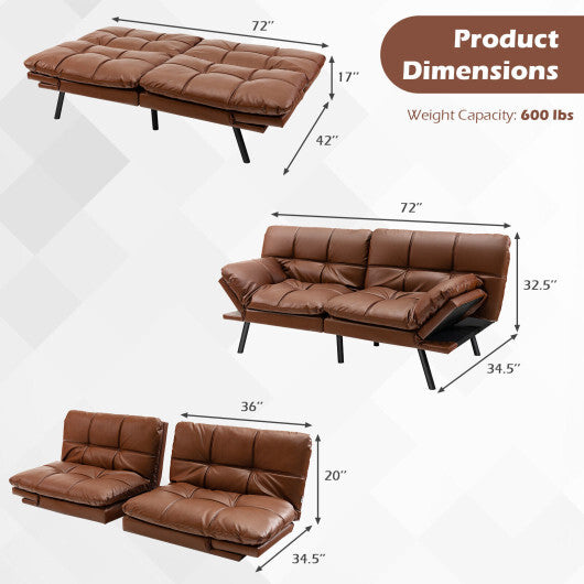 Convertible Memory Foam Futon Sofa Bed with Adjustable Armrest-Brown - Color: Brown